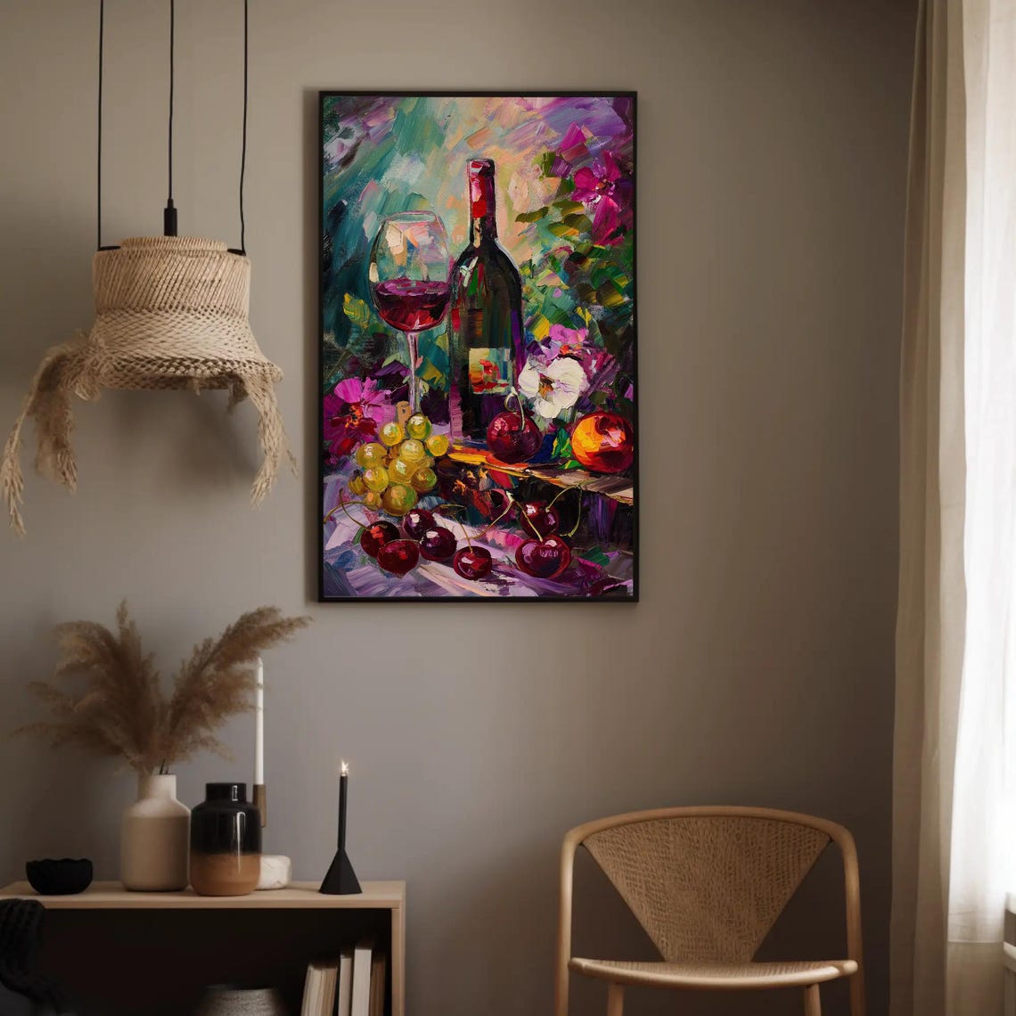 Red Wine Bottle Grapes Cherries Bold Impasto Still Life Dining Poster - Image 5