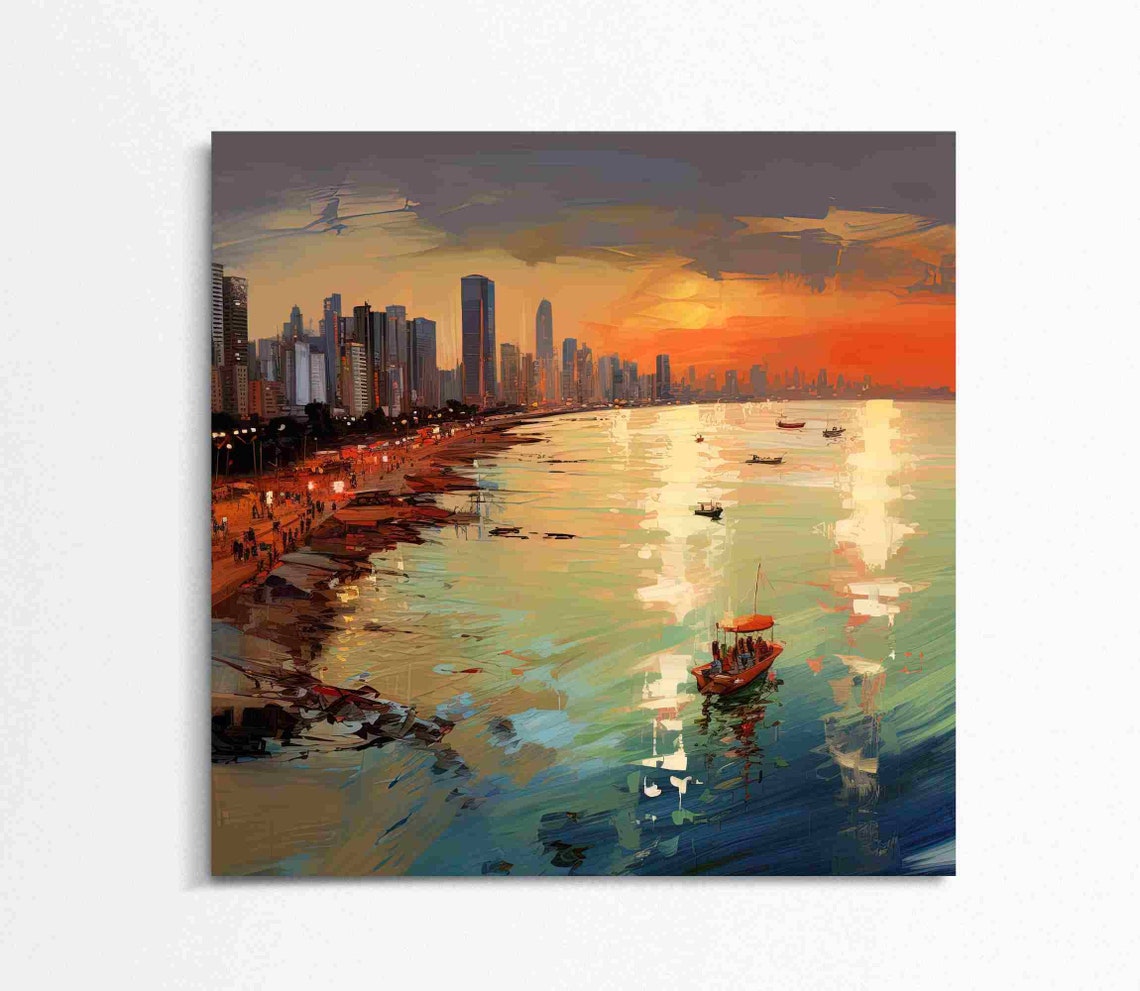 Mumbai Juhu Beach Sunset City Skyline Boats on Water Art Poster - Image 4