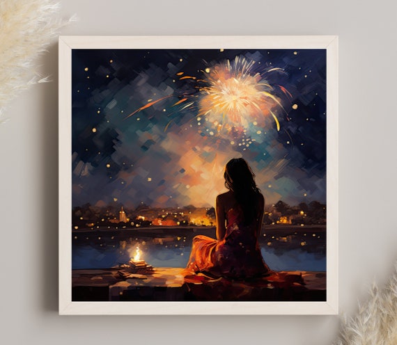 Indian Woman Watching Diwali Celebration Framed Print Diwali Gift Artwork Indian Art