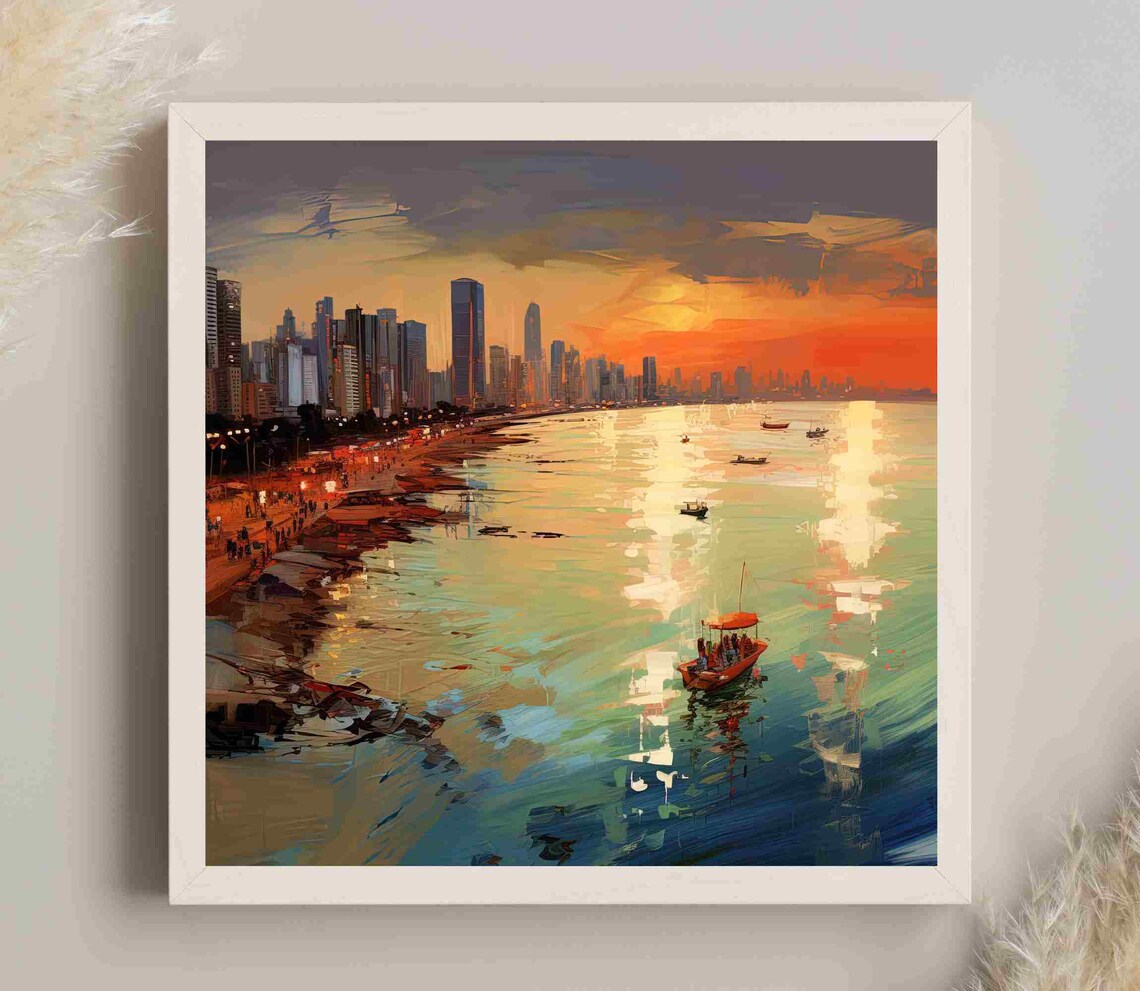 Mumbai Juhu Beach Sunset City Skyline Boats on Water Art Poster