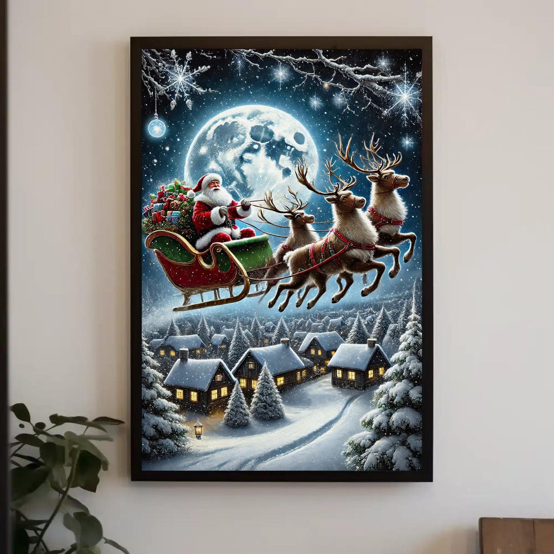 Santa Claus Sleigh Ride Over A Moonlit Snowy Village Night Poster