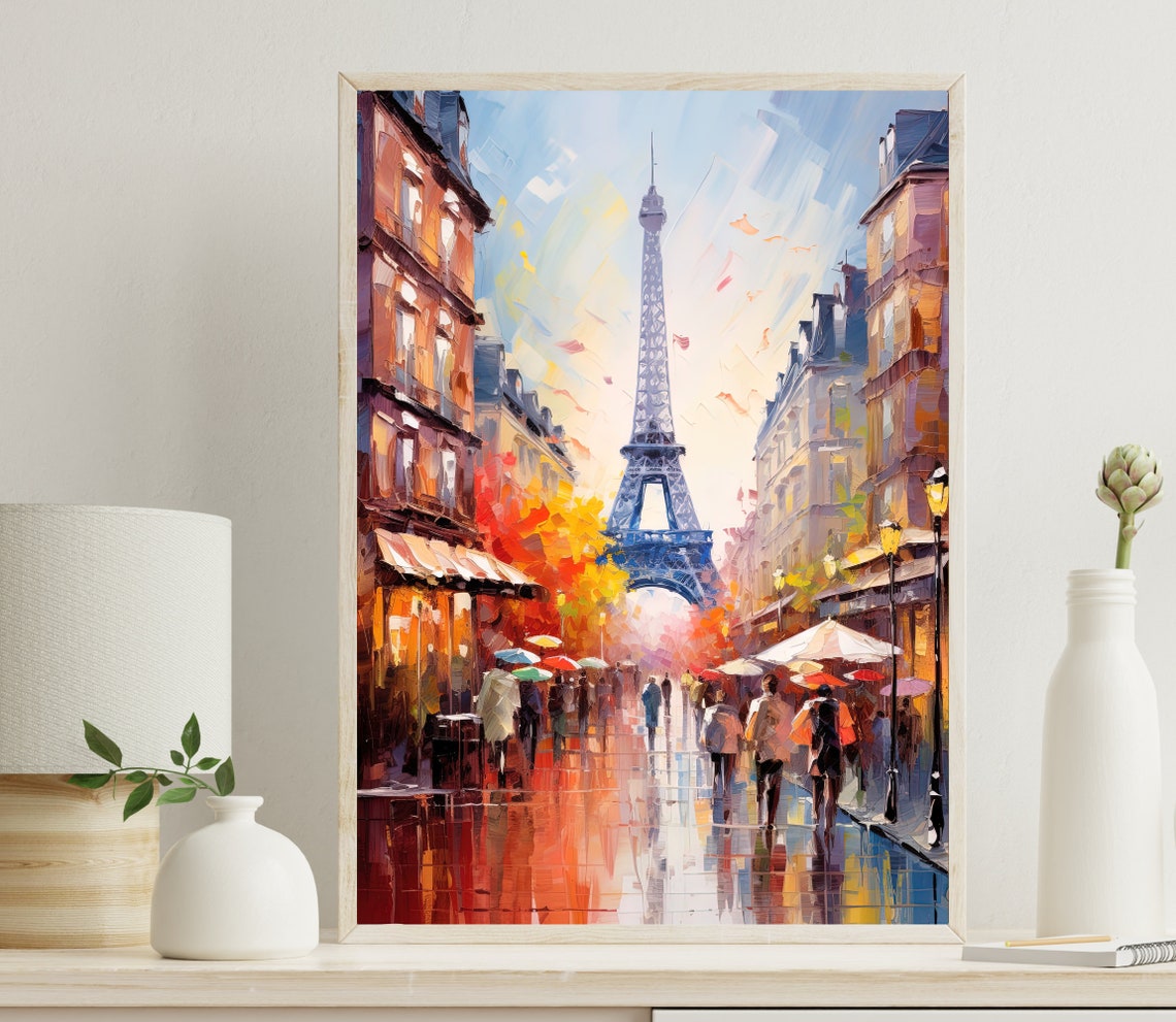 Paris Eiffel Tower Rainy Autumn Street Umbrellas Crowd Art Poster