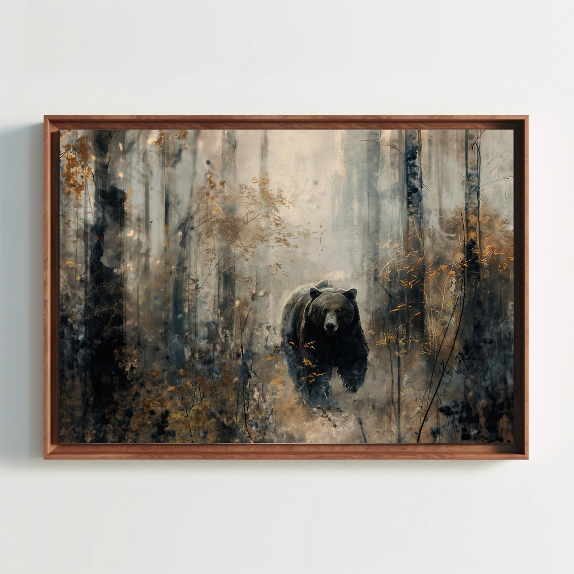 Black Bear Walking Through Misty Birch Forest Wildlife Nature Poster