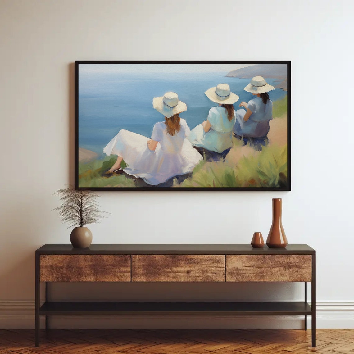 Three Girl Friends Enjoying The Ocean View Of Summer Oil Painting Woman Wall Art Gift For Her Girl Friend Gift Girl Room Wall Decor - Image 2