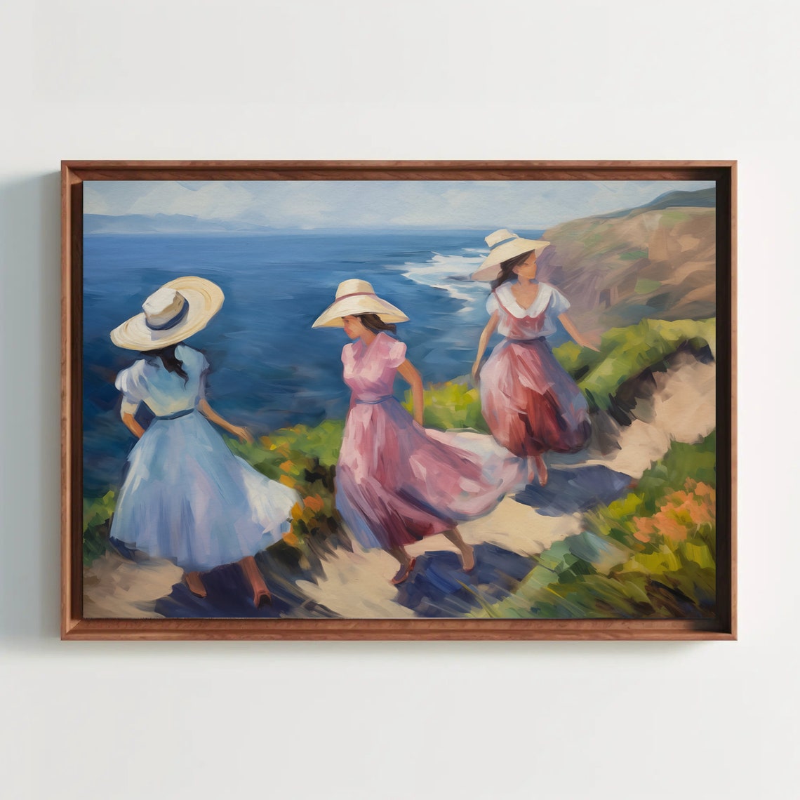 Oil Painting Of Women In Summer Hats And Ocean View Large Framed Poster Decor Girls Dorm Room Wall Decor Girls Hostel Decor