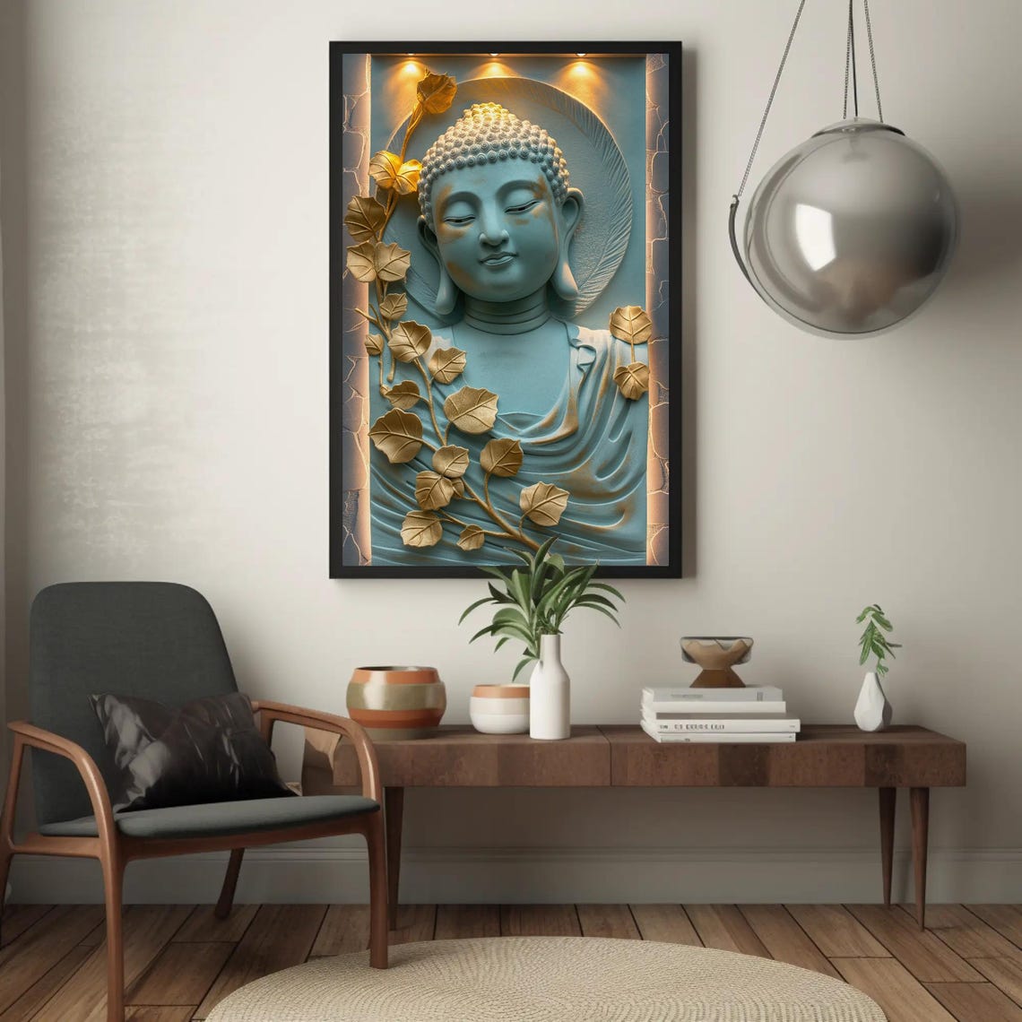 Serene Blue Buddha Bust Adorned With Golden Bodhi Leaves Poster - Image 5