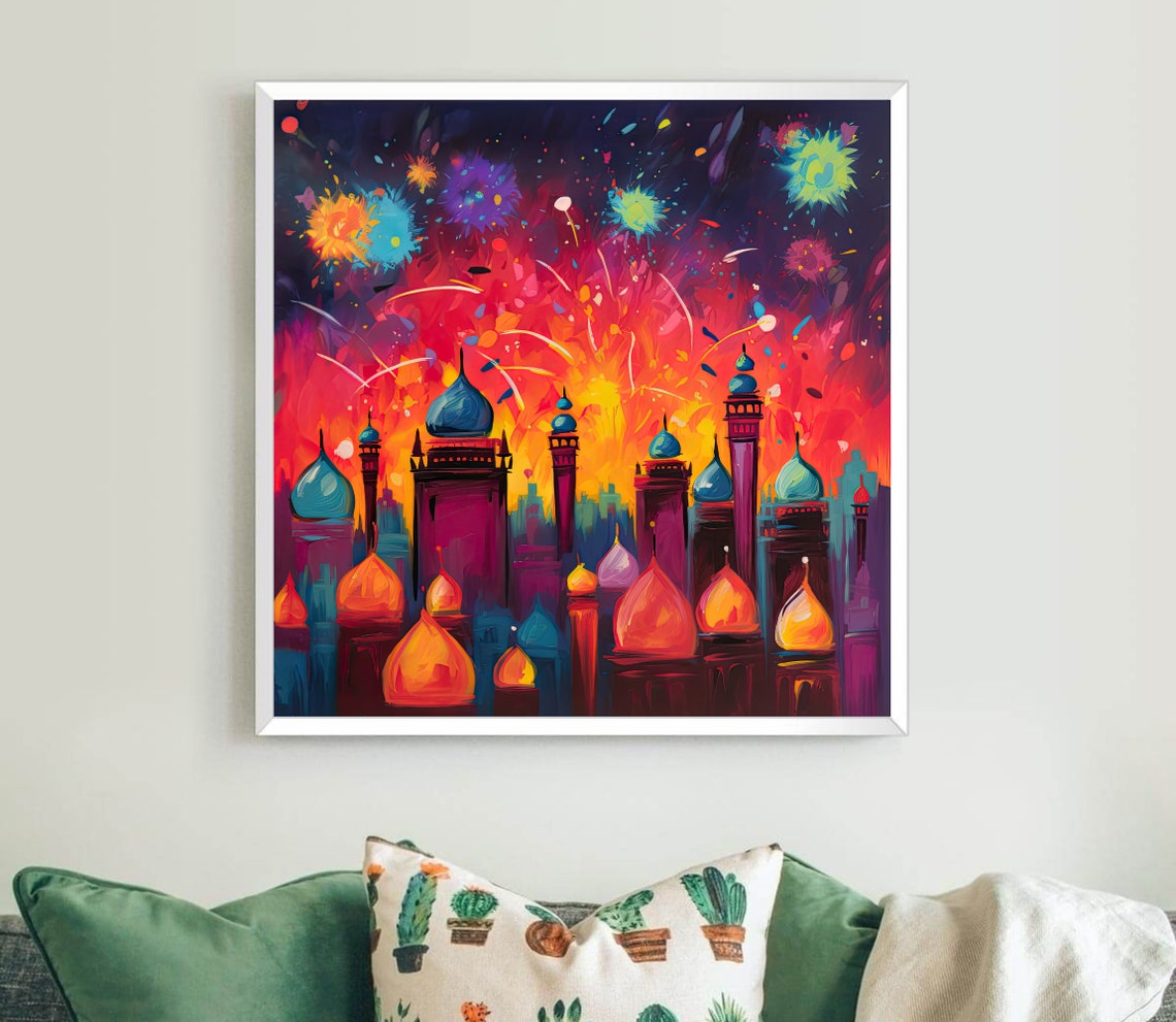 Diwali Fireworks Over Indian City Abstract Festival Decor Print - Image 5