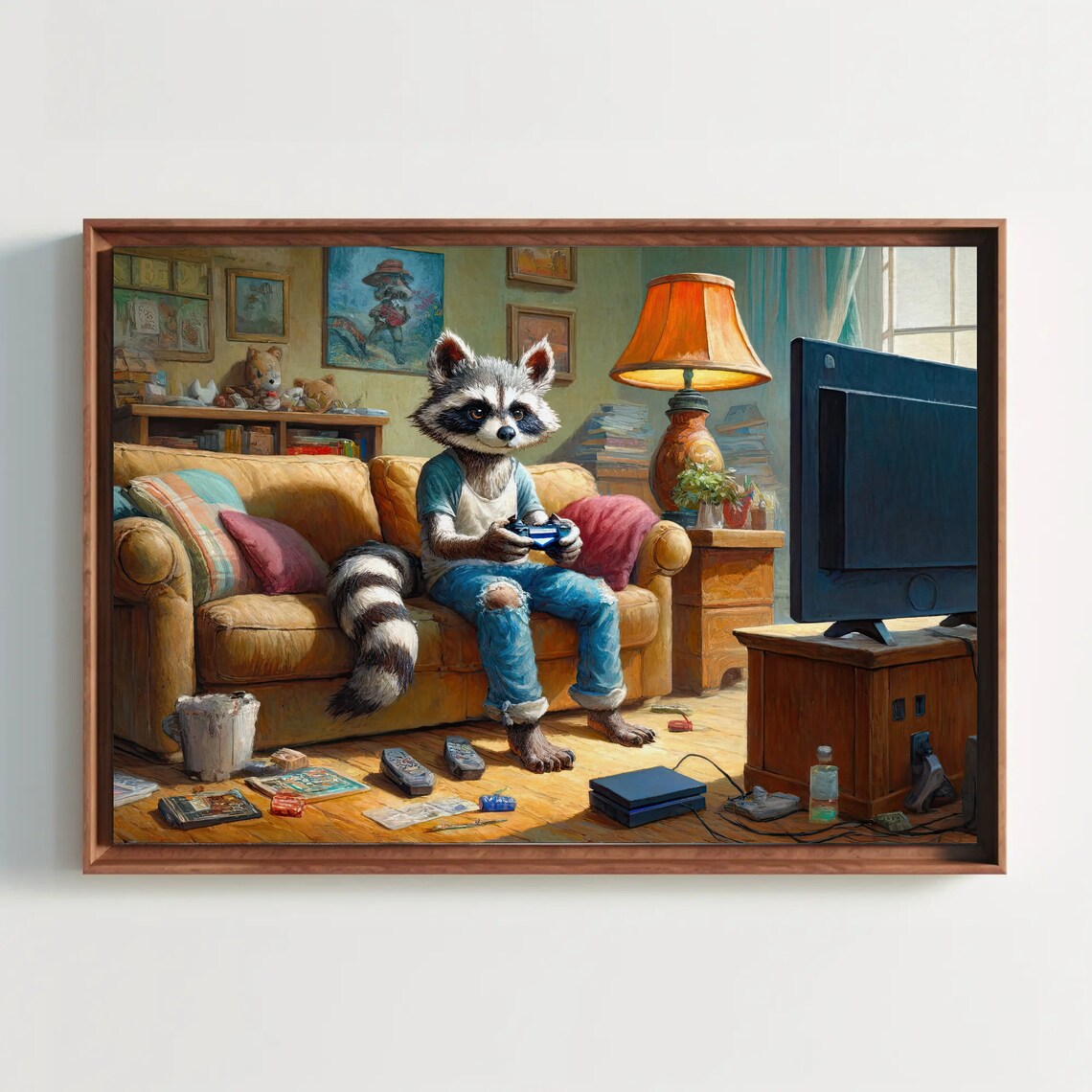 Raccoons Ultimate Gaming Session, Oil-Painting Style Art Print