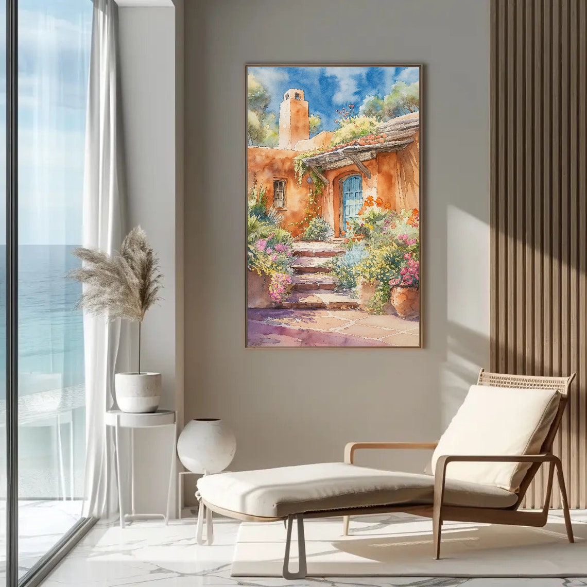 Santa Fe Adobe House With Blue Door Watercolor Painting Poster - Image 2
