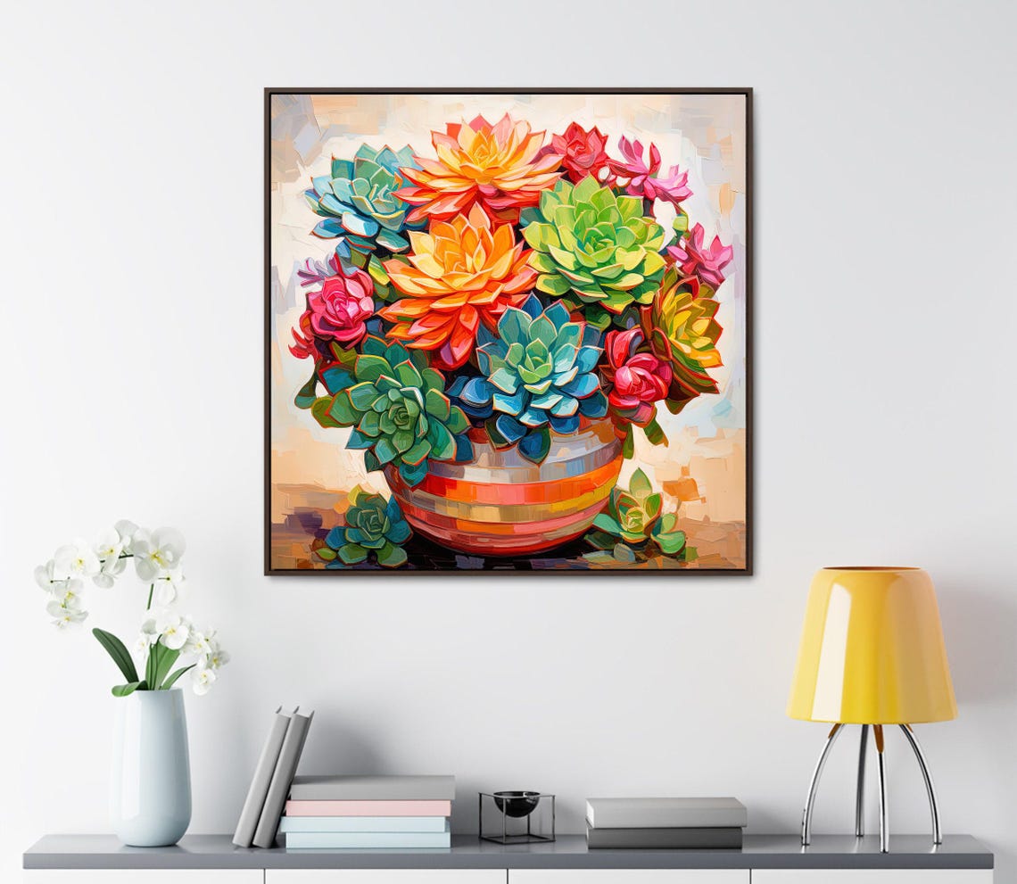 Colorful Succulents Bouquet Arrangement in Striped Bowl Art Poster - Image 4