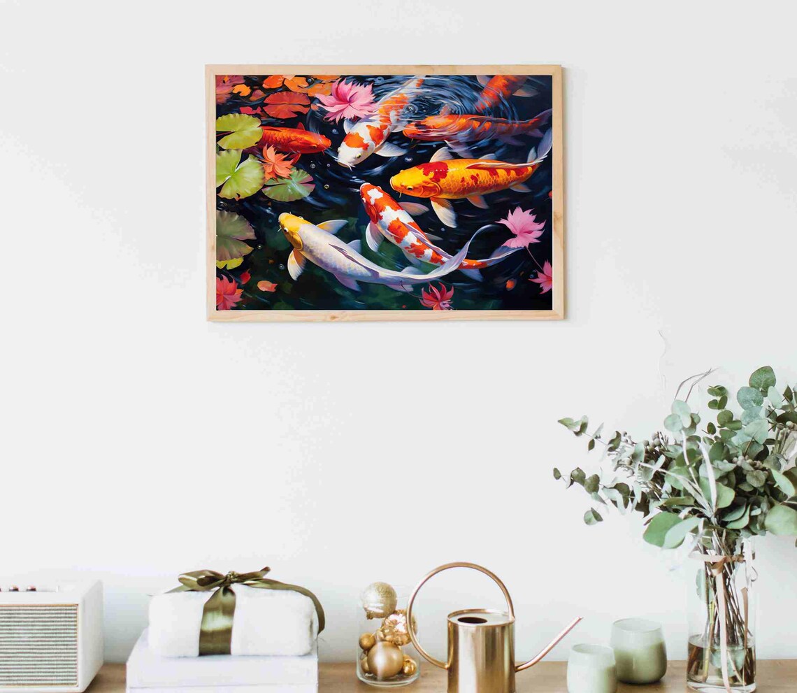 Colorful Koi Fish Pond Oil Painting Art Print - Image 5