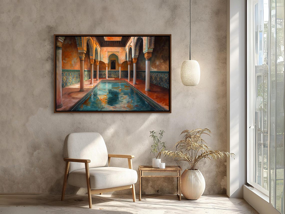 Moroccan Bath House Courtyard Wall Art Moroccan Painting Horizontal Wall Art Moroccan Home Decor Islamic Architecture Print - Image 2