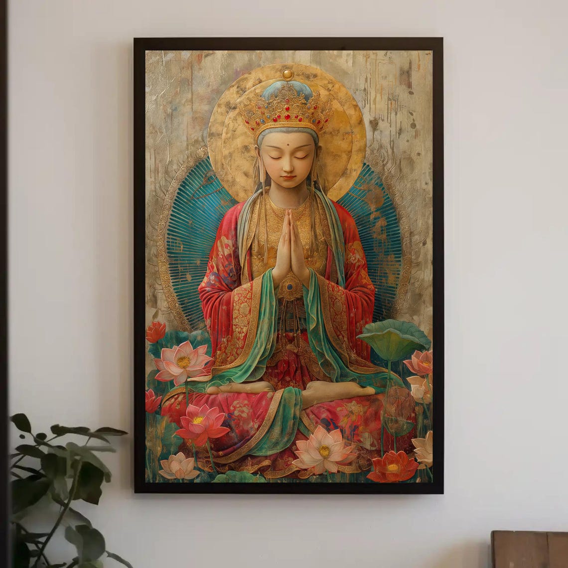 Tara Buddhist Goddess In Prayer Surrounded By Lotus Blooms Poster