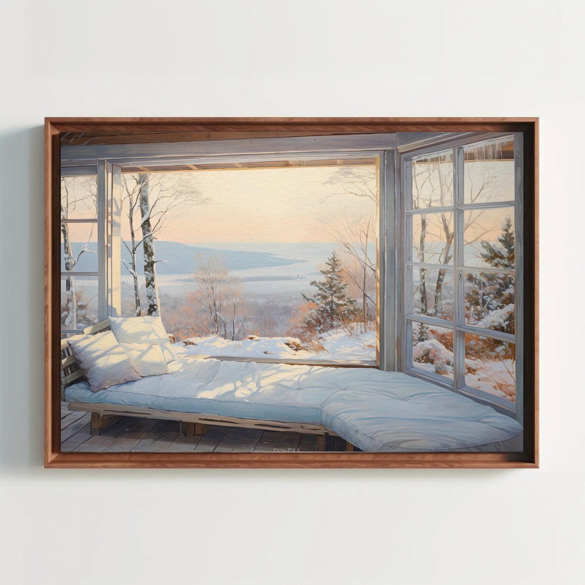 Snowy Cabin Daybed Nook with Windows on Winter Valley Poster