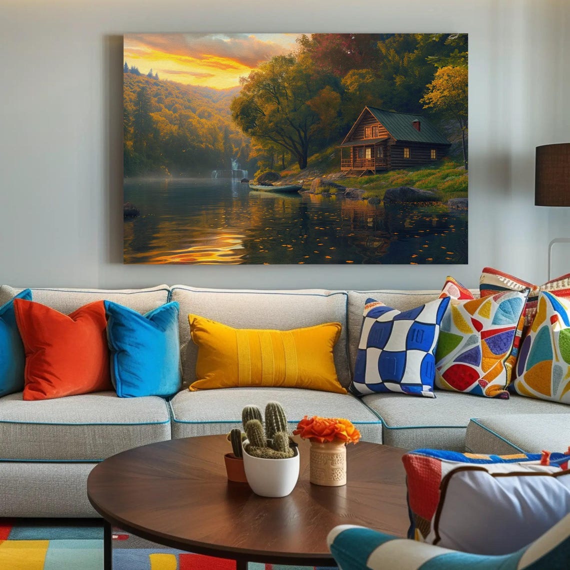 Serene Log Cabin By The Lake At Sunset Autumn Landscape Art Poster - Image 4