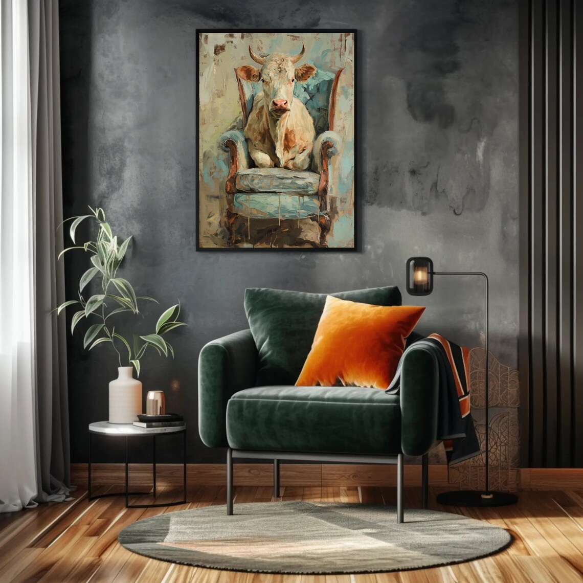Funny Cow on a Chair Rustic Farmhouse Art Print - Image 4
