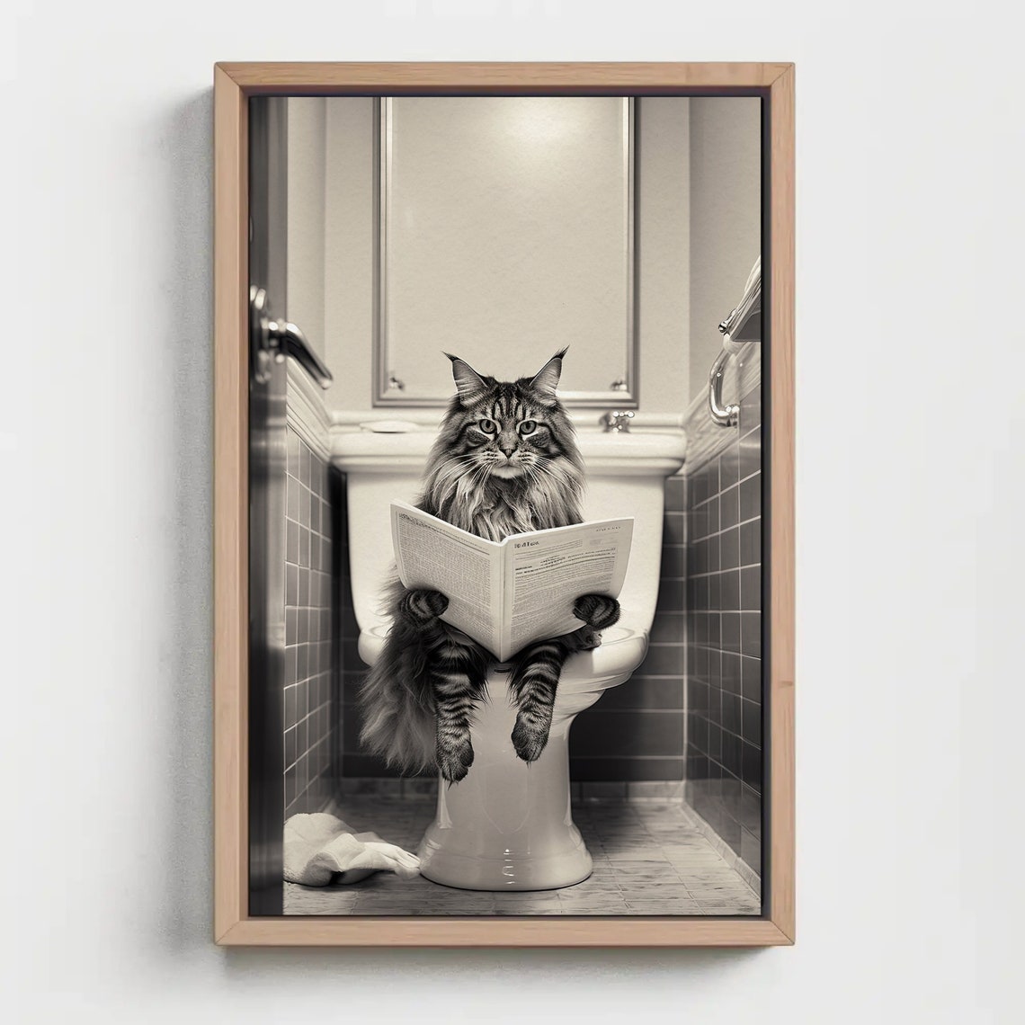 Long Haired Cat Reading Newspaper on Toilet Bathroom Humor Poster - Image 5