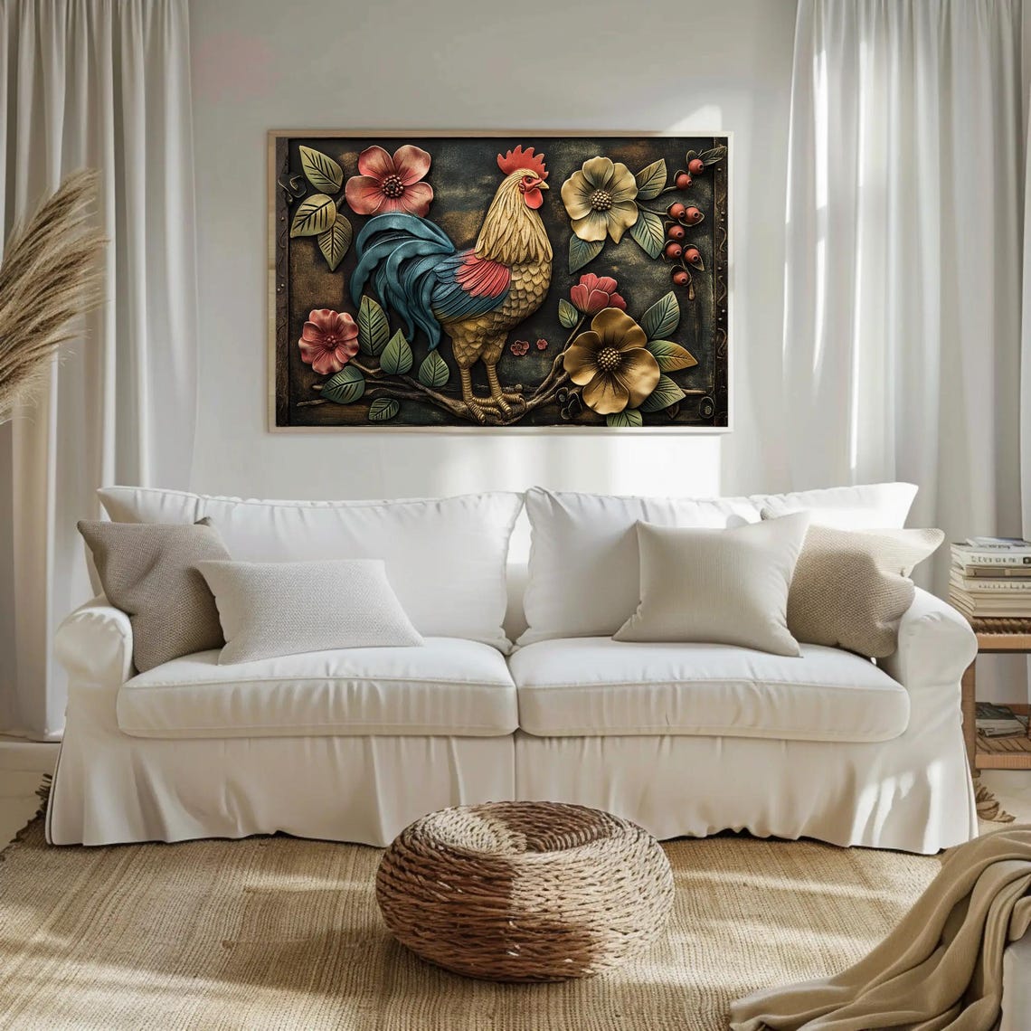 Metallic Rooster With Flowers Embossed 3D Relief Artwork Poster - Image 4