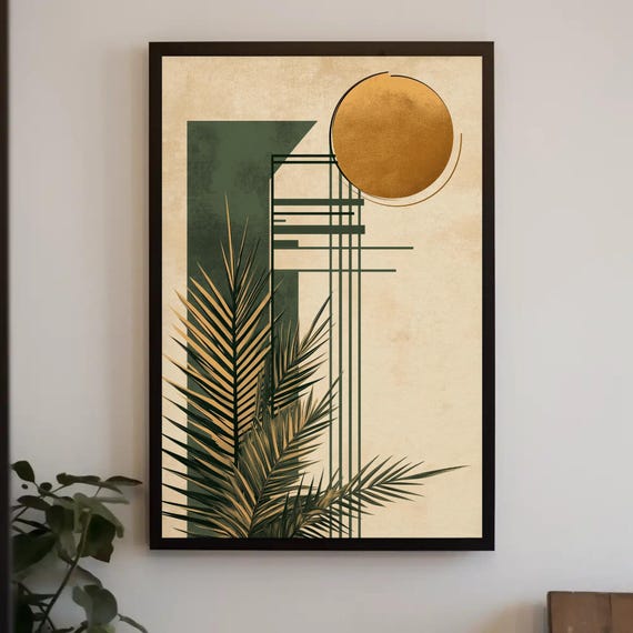 Minimalist Sun And Palm Leaves Print Mid Century Modern Geometric Wall Art Muted Sage Green Tropical Decor