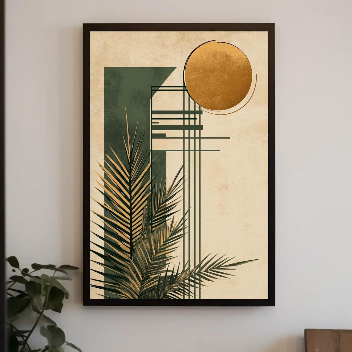 Geometric Gold Sun And Palm Leaves Sage Green Modern Art Poster