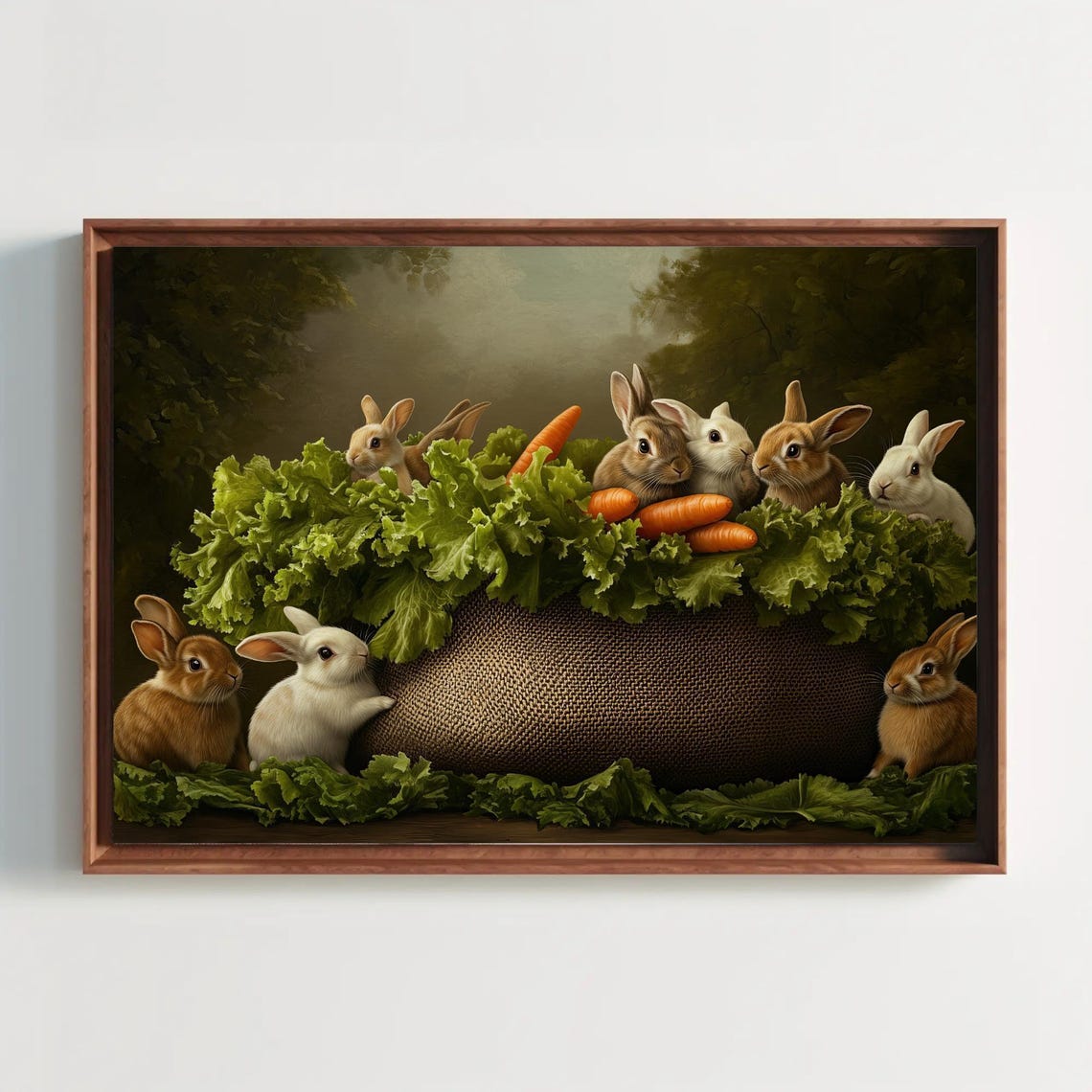 Whimsical Bunnies Around A Sack Of Lettuce And Carrots Poster