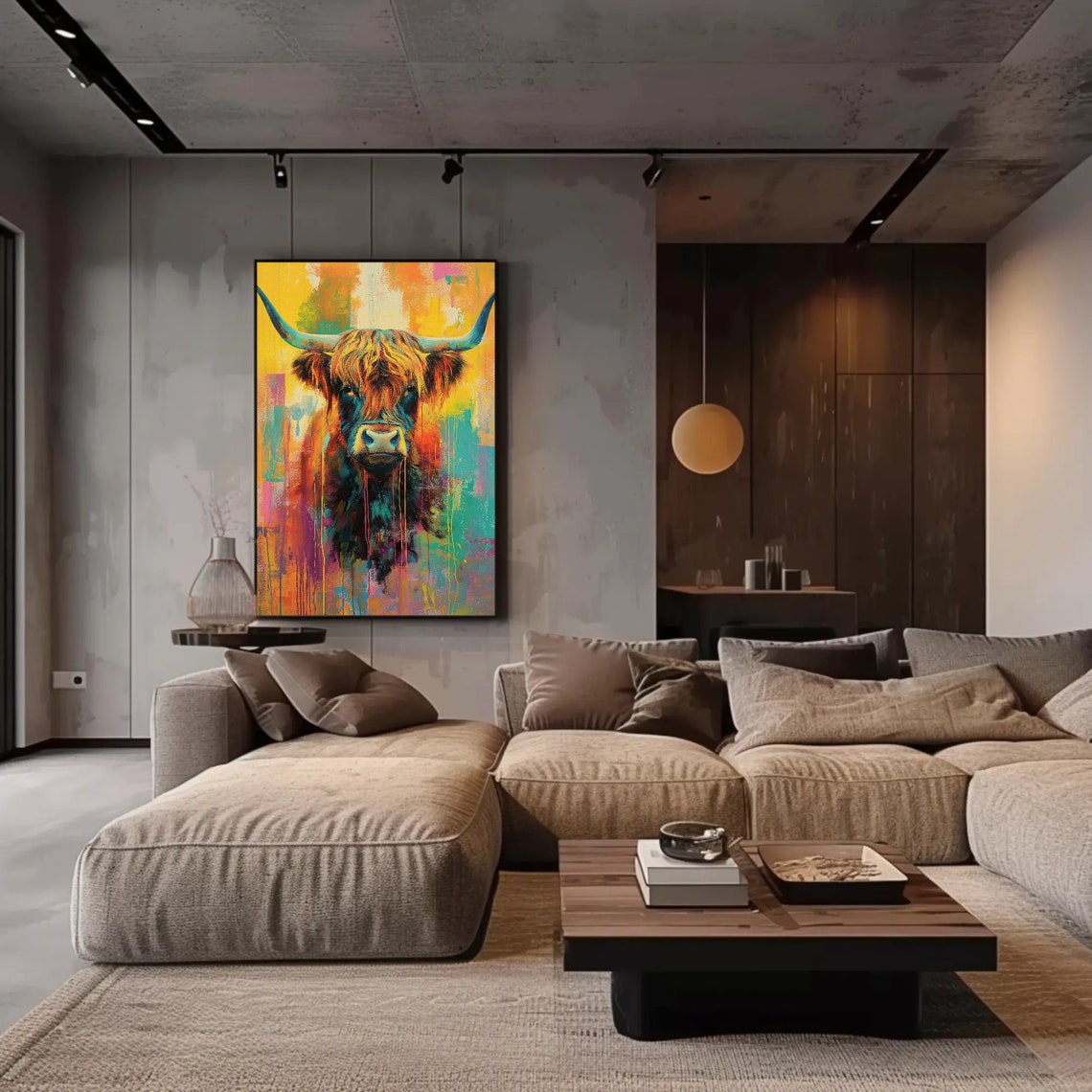 Colorful Highland Cow Portrait Poster With Paint Drip Style Art - Image 2