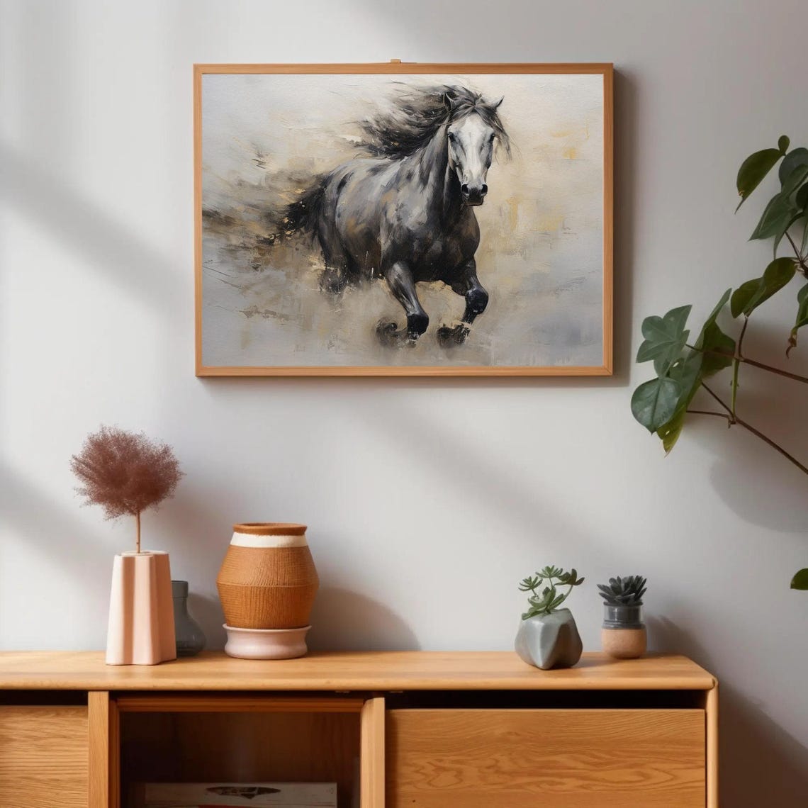 Galloping Gray Horse with Flowing Dark Mane in Abstract Style Poster - Image 4