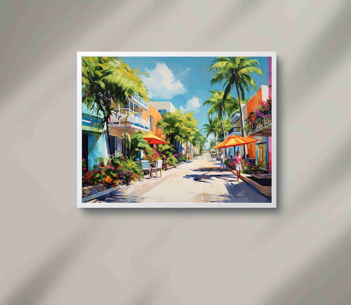 Vibrant Tropical Beach Town Street With Palm Trees Art Poster - Image 2