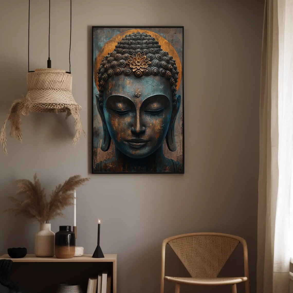 Bronze Buddha Head With Golden Halo Lotus Spiritual Wall Poster - Image 2