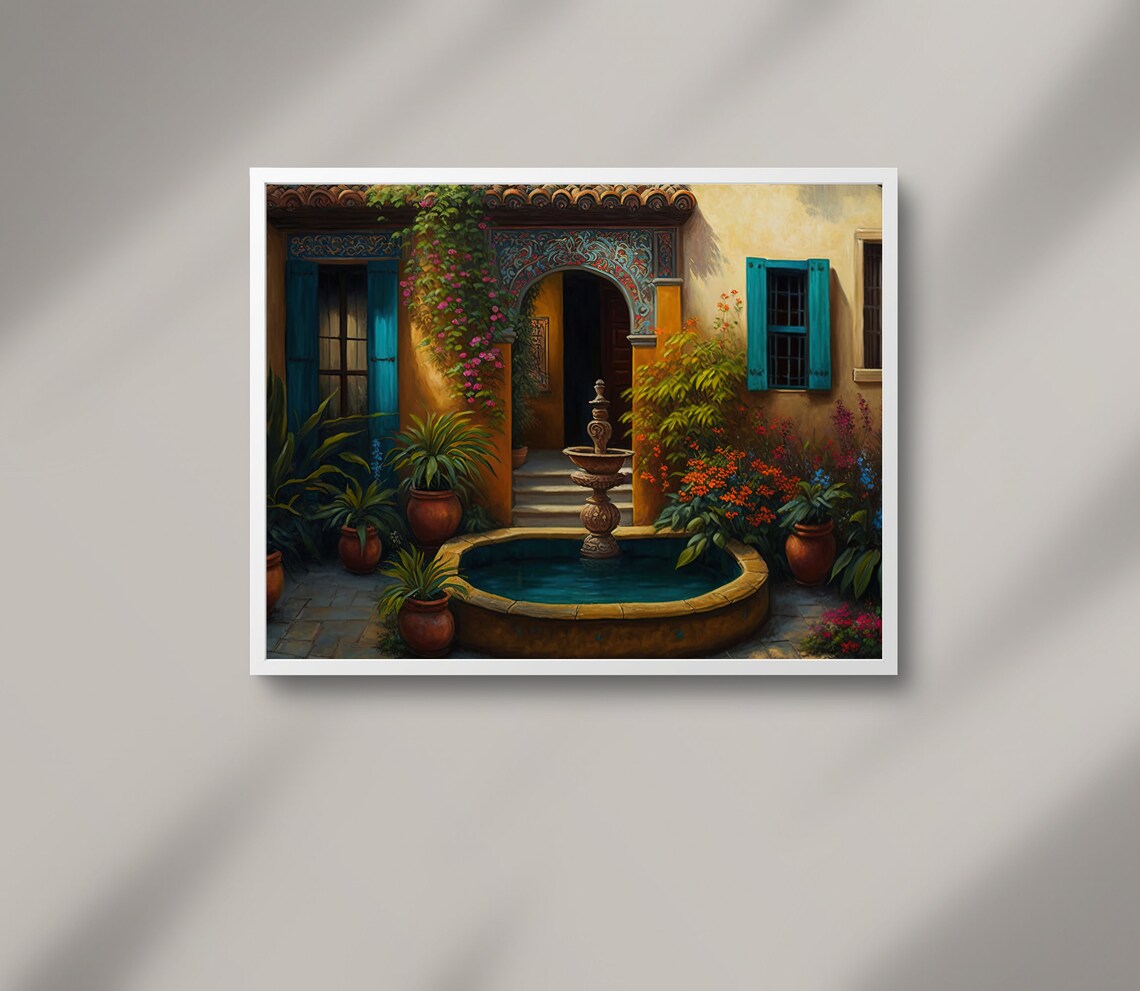 Mexican Courtyard Garden, Colorful Latino Art Print - Image 2