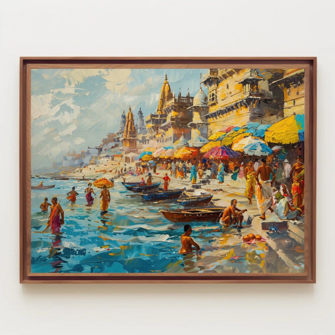 Varanasi Ghats Boats And Temples Colorful India Painting Poster - Image 5