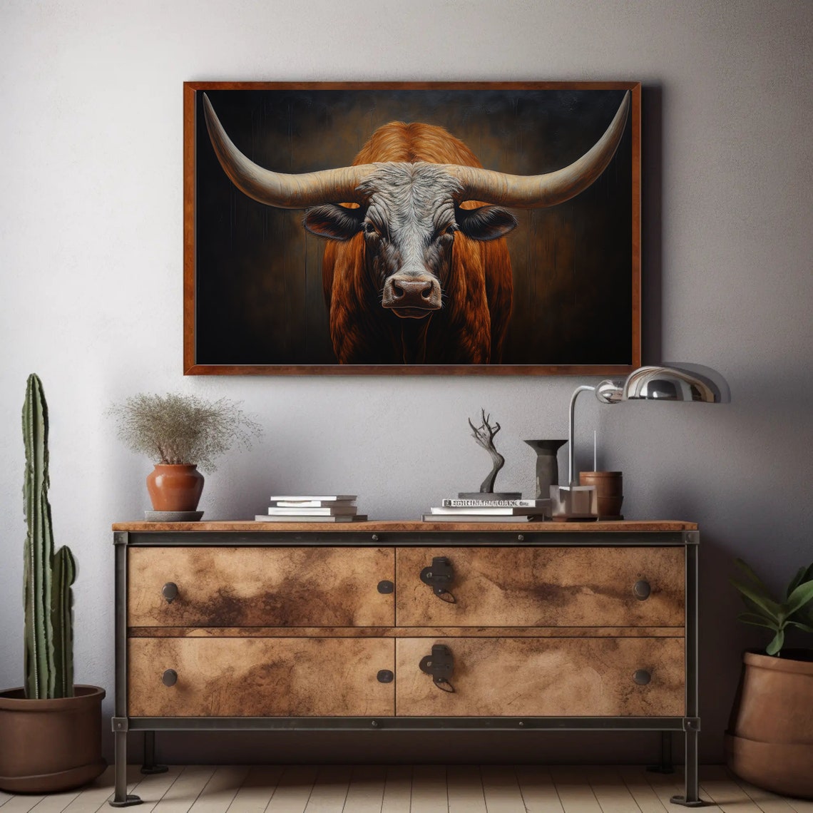 Longhorn Bull Close Up Against Dark Dramatic Background Poster - Image 2