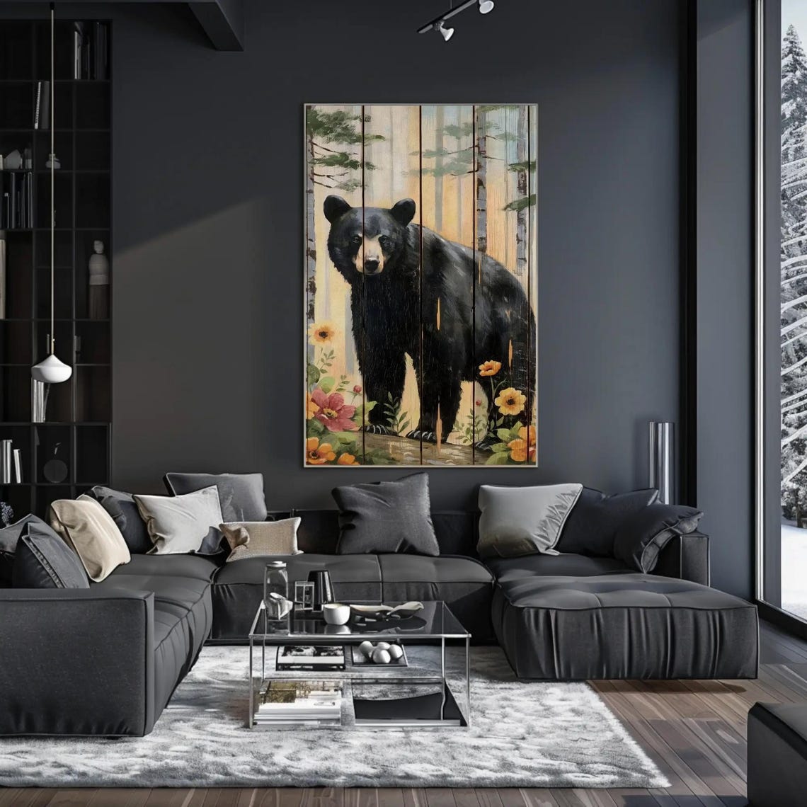 Black Bear In Birch Forest Painted On Rustic Wood Planks Poster - Image 5