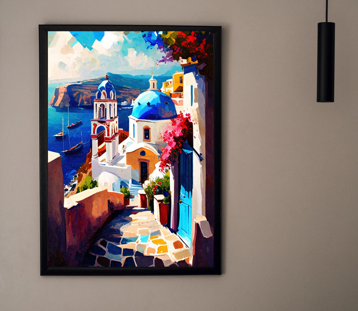 Santorini Blue Dome Bell Tower Seaside Stairway Scene Poster - Image 4