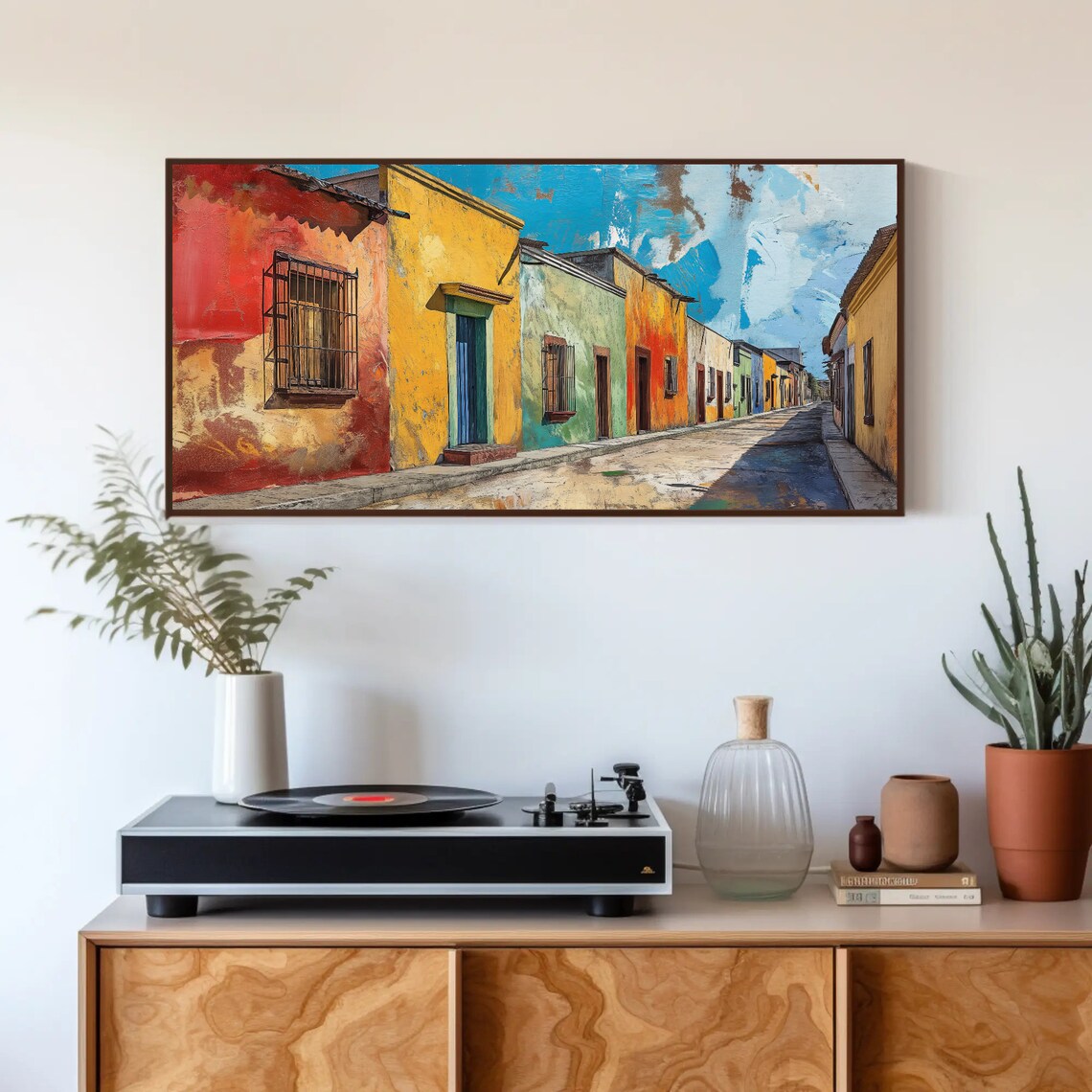Colorful Mexican Colonial Street Sunny Day Folk Painting Poster - Image 4