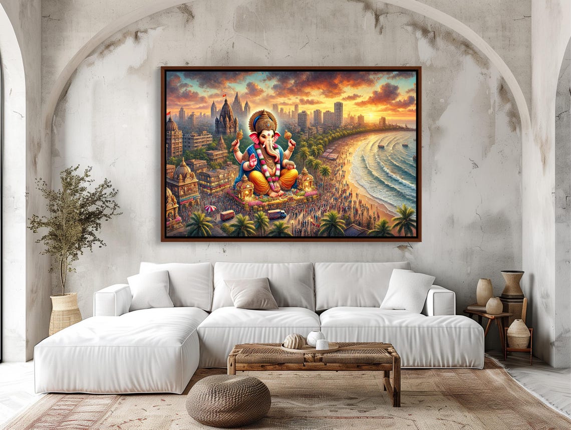 Ganesh Chaturthi Celebration Over Mumbai Coastline Sunset Scene Poster - Image 2