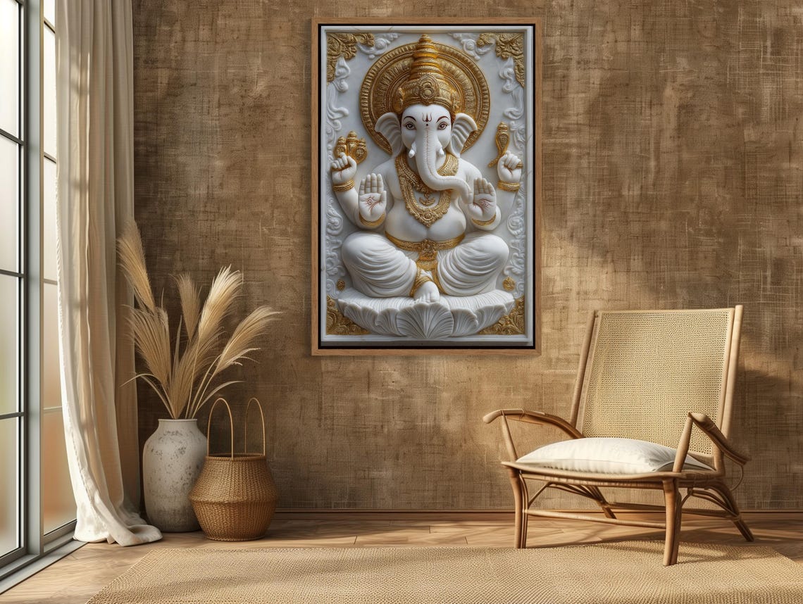 White Marble Ganesha with Golden Ornaments 3D Statue Art Poster - Image 3