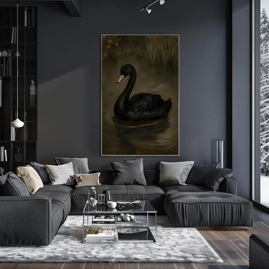 Solitary Black Swan Gliding On Dark Water Moody Oil Painting Poster - Image 4