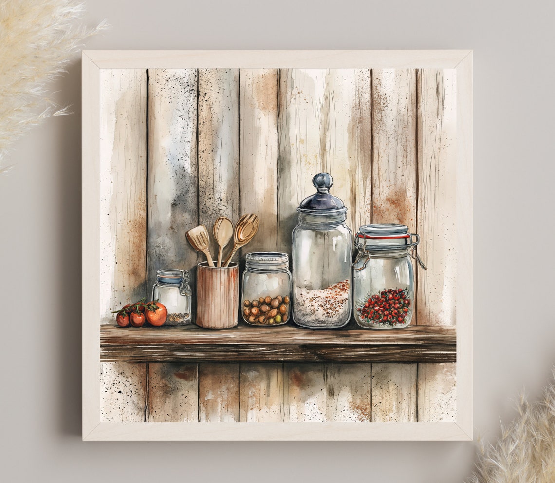 Rustic Kitchen Shelf With Mason Jars Watercolor Farmhouse Wall Print - Image 3
