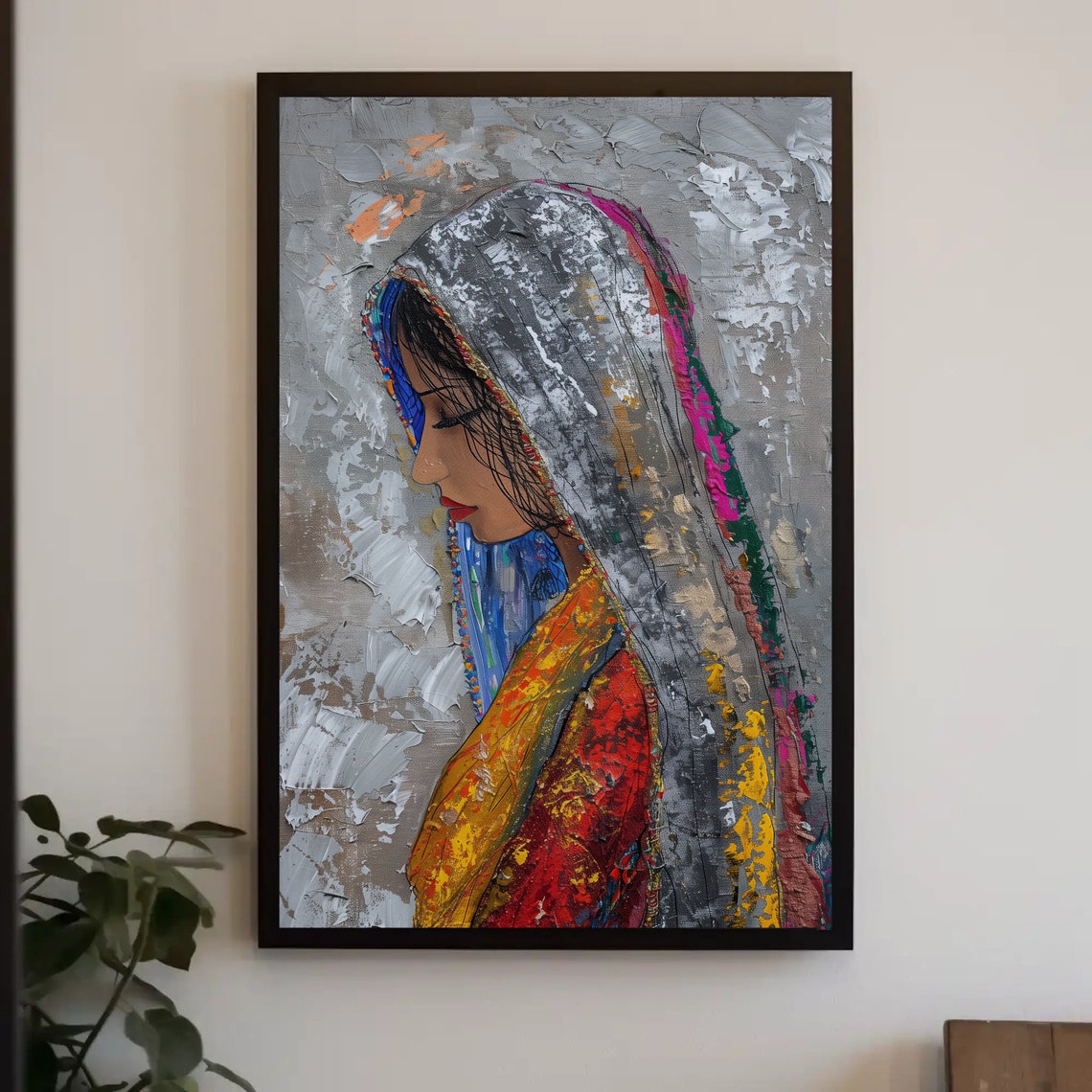 Veiled Woman Palette Knife Portrait Poster in Gray and Bright Colors