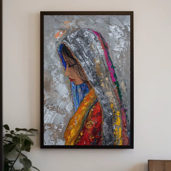 Veiled Woman Palette Knife Portrait Poster in Gray and Bright Colors