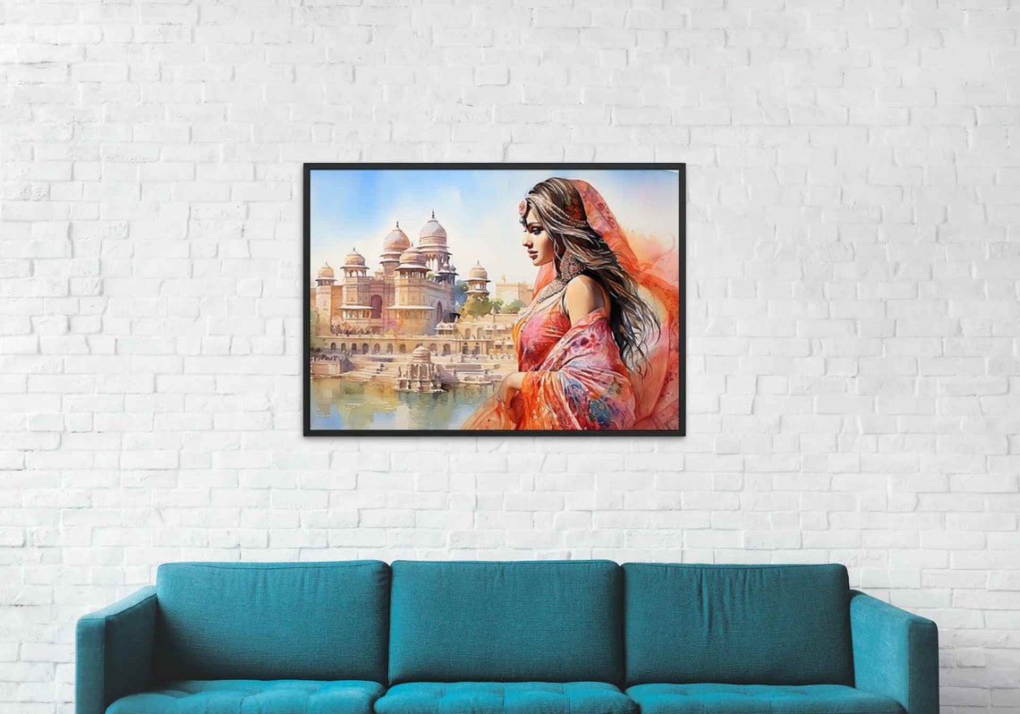 Indian Beauty by Palace Lake in Flowing Sari Watercolor Poster - Image 2