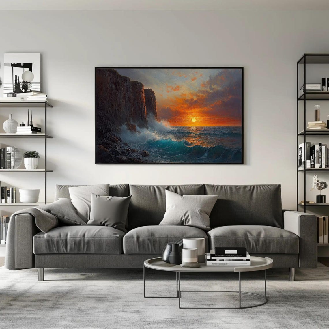 Dramatic Fiery Sunset Over Rocky Ocean Cliffs Oil Painting Poster - Image 2