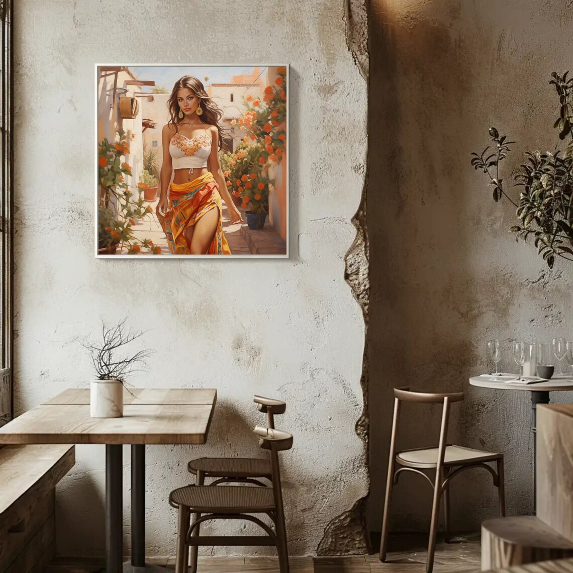 Sunlit Mexican Woman Strolling a Flower Filled Village Alley Poster - Image 2