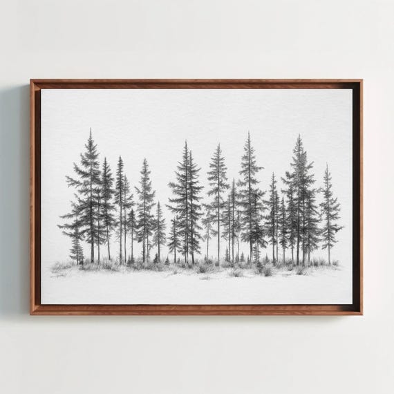 Trees Sketch Vintage Oil Painting Framed Print Black And White Art Classic Wall Decor Ready To Hang For Living Room Or Office