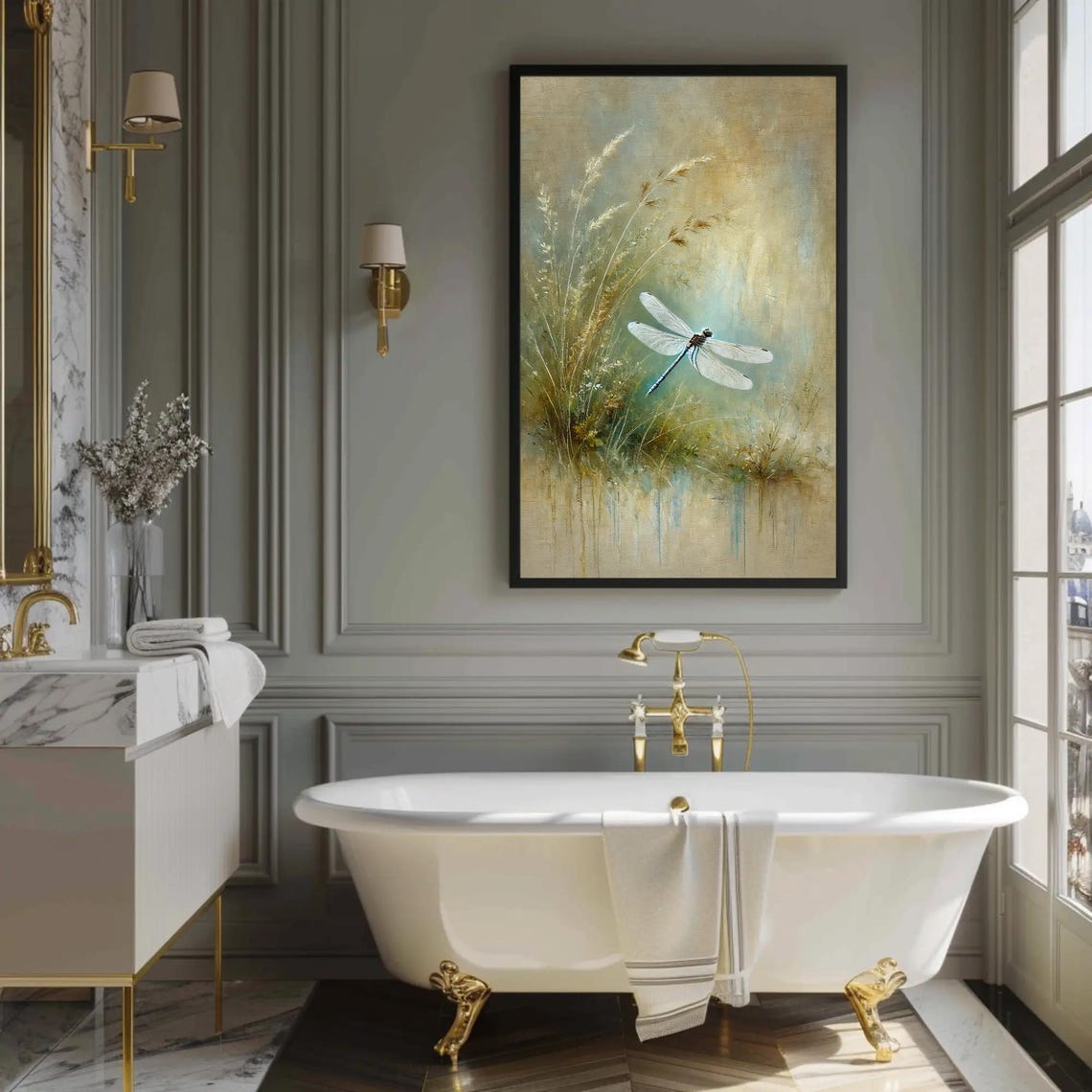 White Dragonfly Hovering Among Golden Reeds in Sage Meadow Poster - Image 2