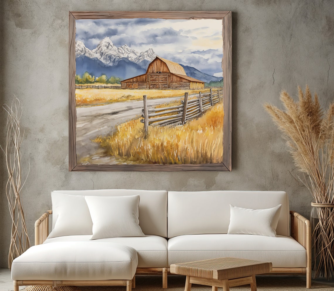 Moulton Barn and Grand Teton Mountains Wyoming Watercolor Poster