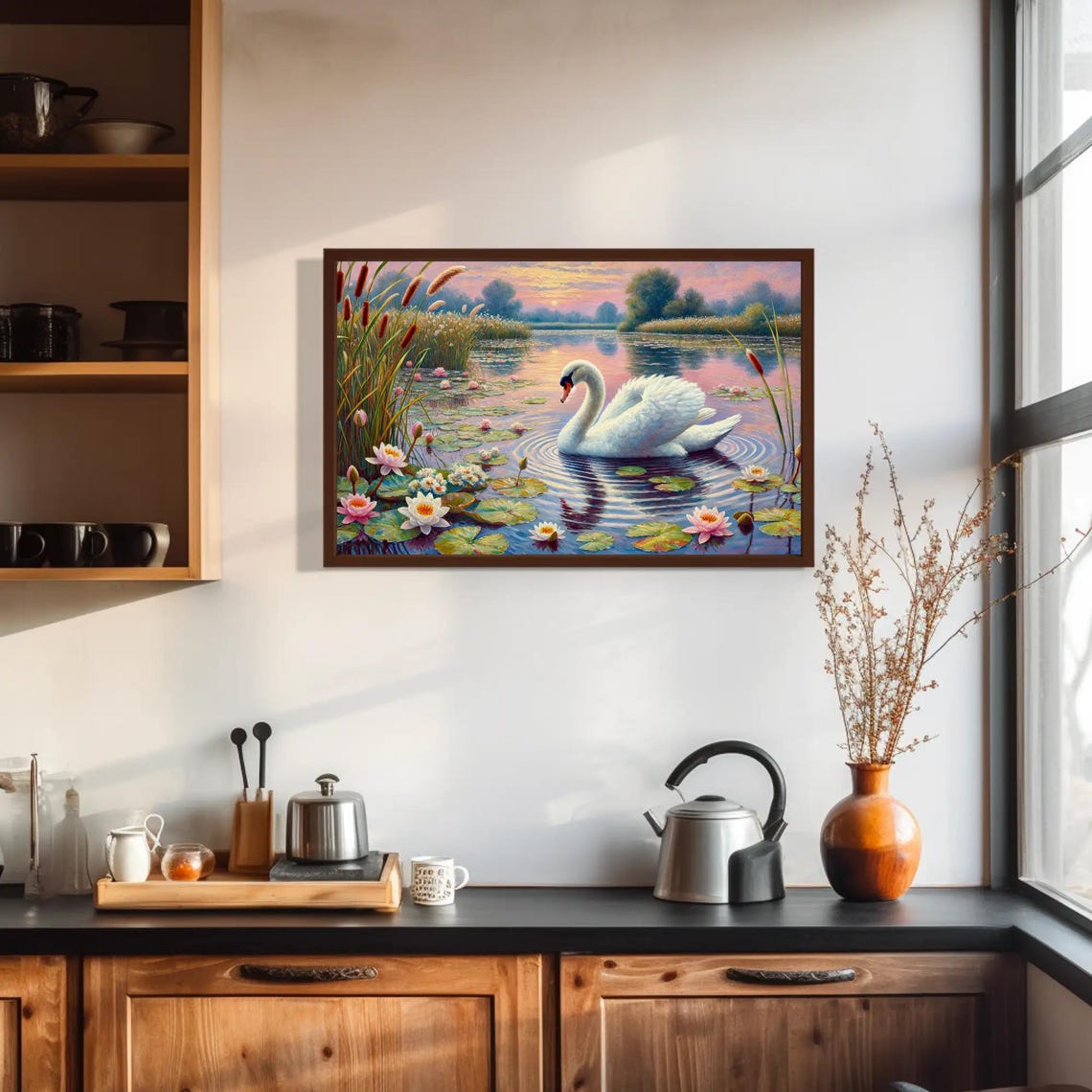 Elegant White Swan On A Tranquil Lake With Water Lilies Poster - Image 2