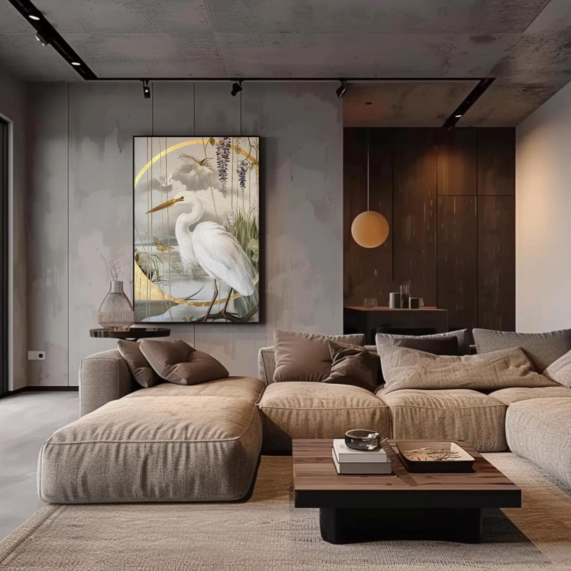 White Egret Watercolor Poster With Gold Accents and Wisteria Flowers - Image 3