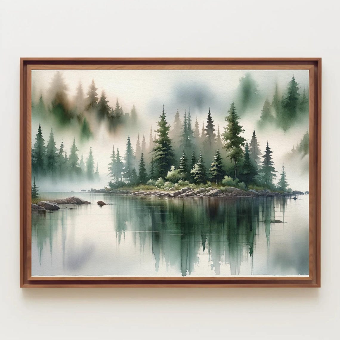 Misty Lake With Pine Island Reflection Watercolor Nature Poster - Image 3